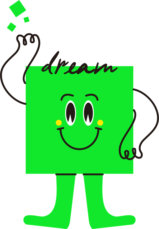 어린이날 캐릭터: 주먹을 번쩍 든 초록 네모 친구, 머리 위에 dream