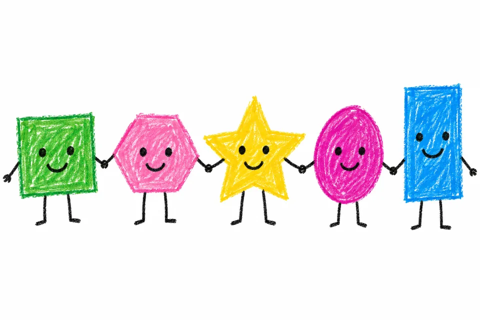 크레파스 그림: 네모, 육각형, 별, 타원, 긴 네모 친구가 손을 잡고 나란히 서 있다