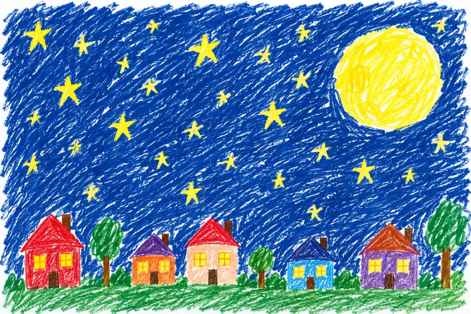 크레파스 그림: 별과 보름달이 뜬 밤, 창마다 불이 켜진 집들