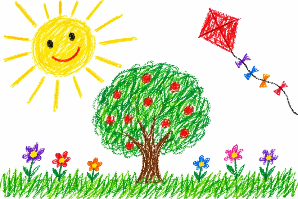 크레파스 그림: 웃는 해와 사과나무, 하늘을 나는 빨간 연