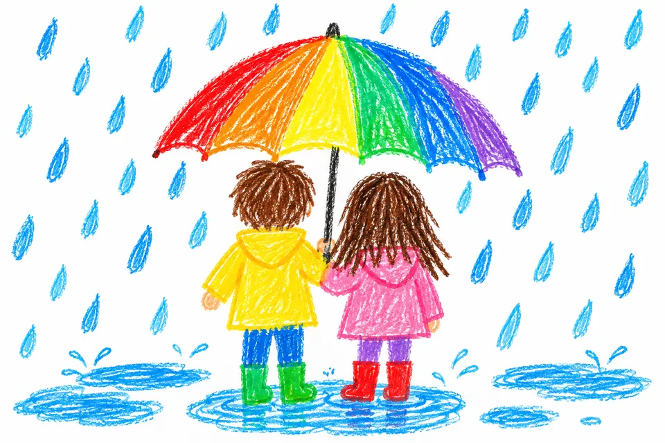크레파스 그림: 비 오는 날 무지개 우산 하나를 함께 쓴 두 아이의 뒷모습
